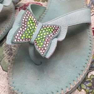 Mint Leather Rhinestone Butterfly Flip Flops